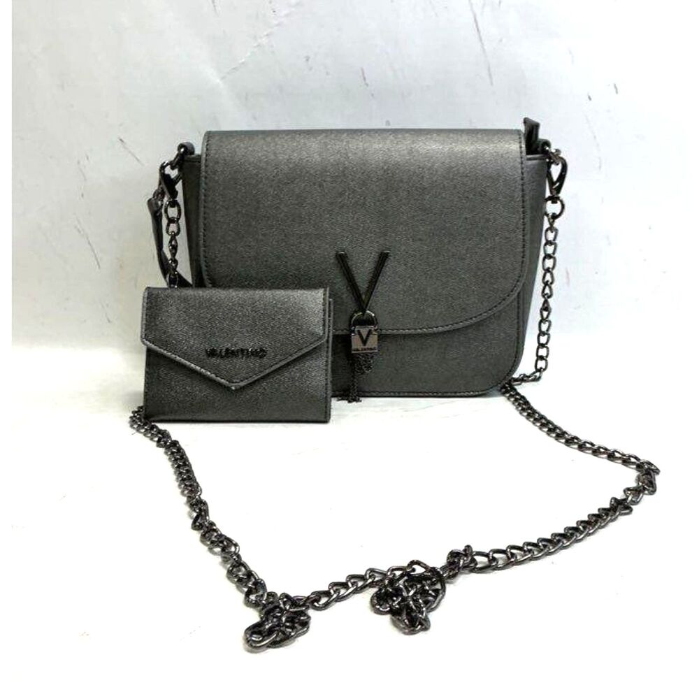 Mario Valentino Metallic Pewter PVC Chain Crossbody with Wallet - Picture 1 of 6